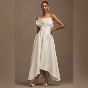 ELLIATT CASPIAN STRAPLESS JACQUARD HIGH-LOW MIDI DRESS